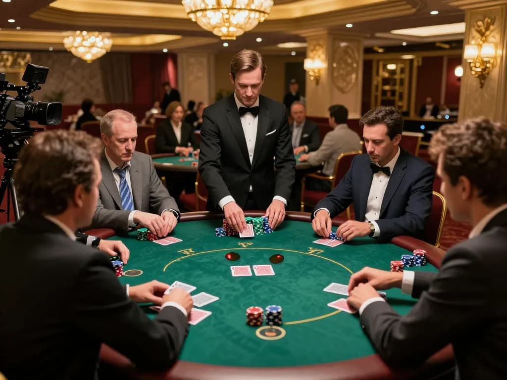 Engaging scene of GAME BÀI MM99 poker players strategizing at a vibrant casino table.