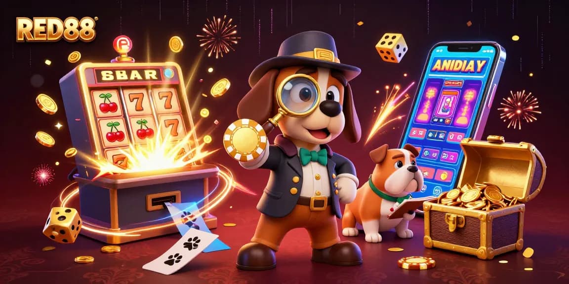 Engage in thrilling casino action with RED88 as a detective and bulldog unravel slots and treasures.