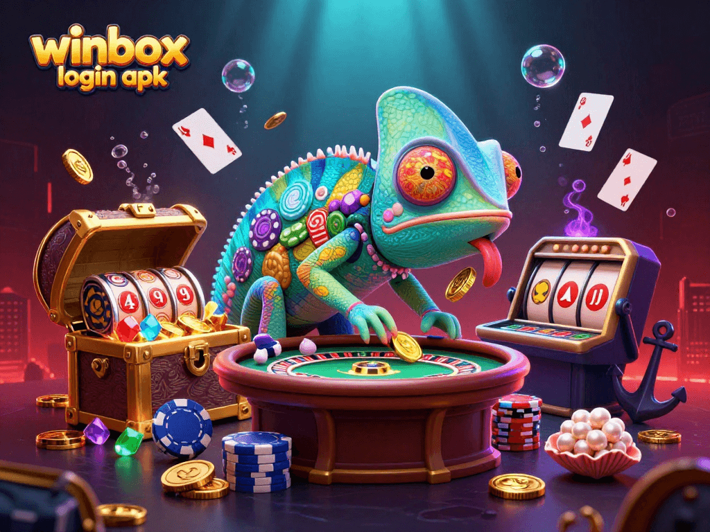 Winbox login apk illustration showcasing a vibrant 3D scene with casino elements like golden coins and slot reels.
