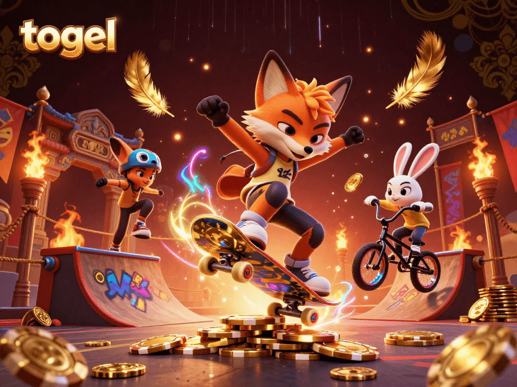 Engage with togel excitement as a skateboarder fox flips over golden poker chips, vibrant casino elements swirl around.
