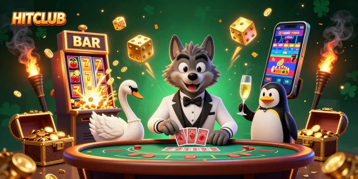 Engage with HITCLUB's vibrant casino scene featuring a debonair wolf, swan dealer, and penguin sommelier.