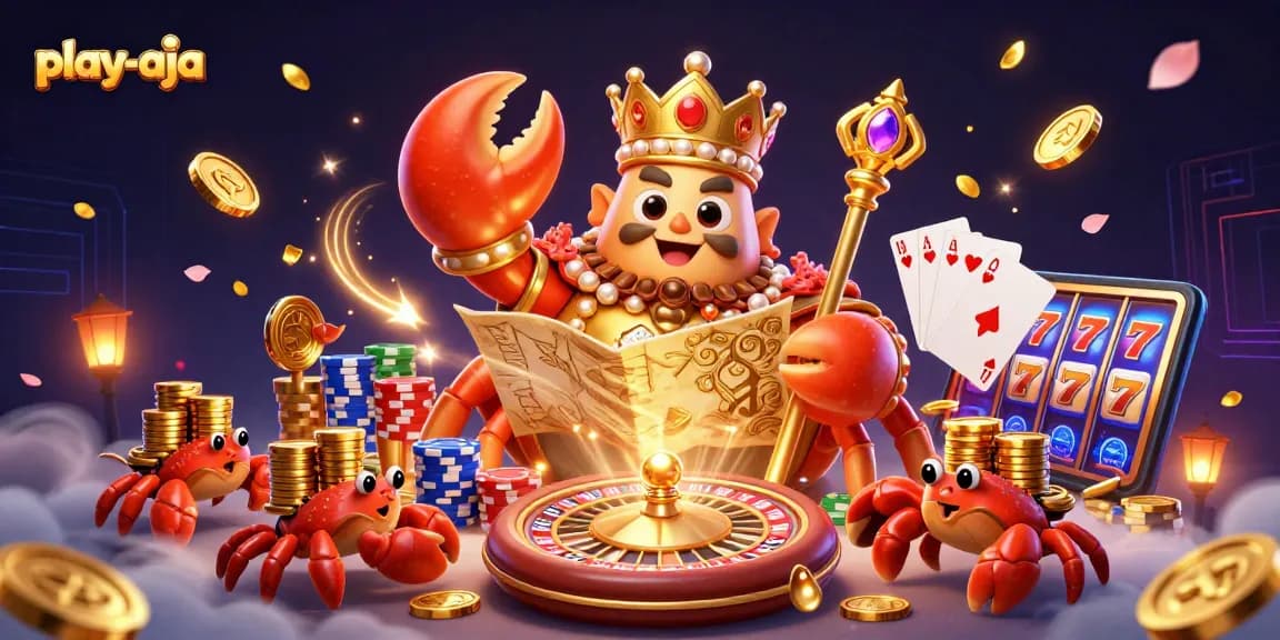 Engage in excitement with play-aja as the crab emperor commands a vibrant casino atmosphere.