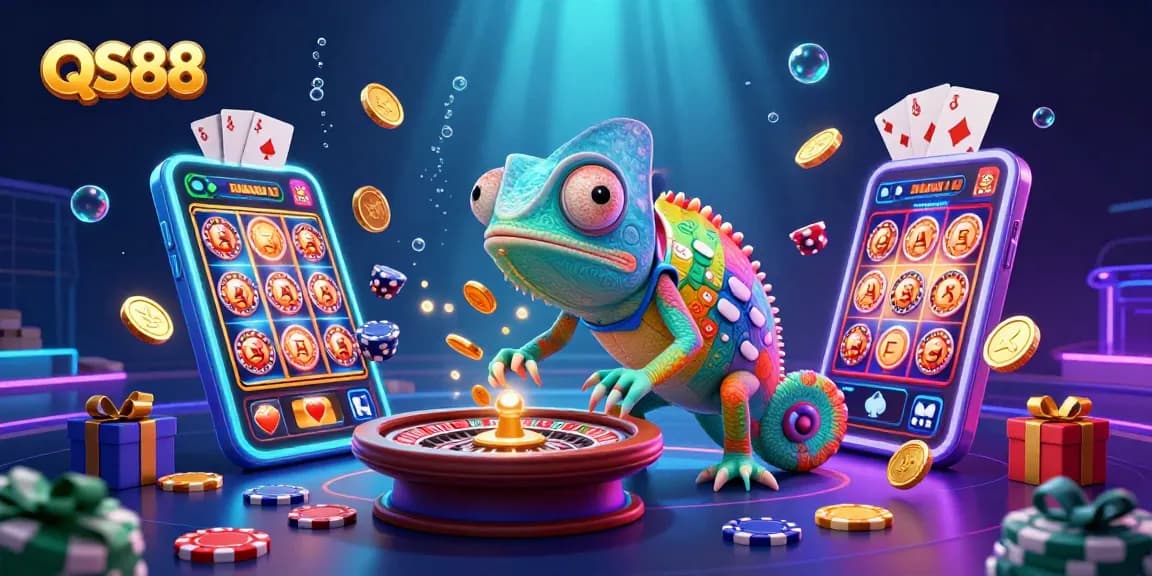 Experience excitement at QS88 with a vibrant chameleon casino owner and dynamic gaming elements.