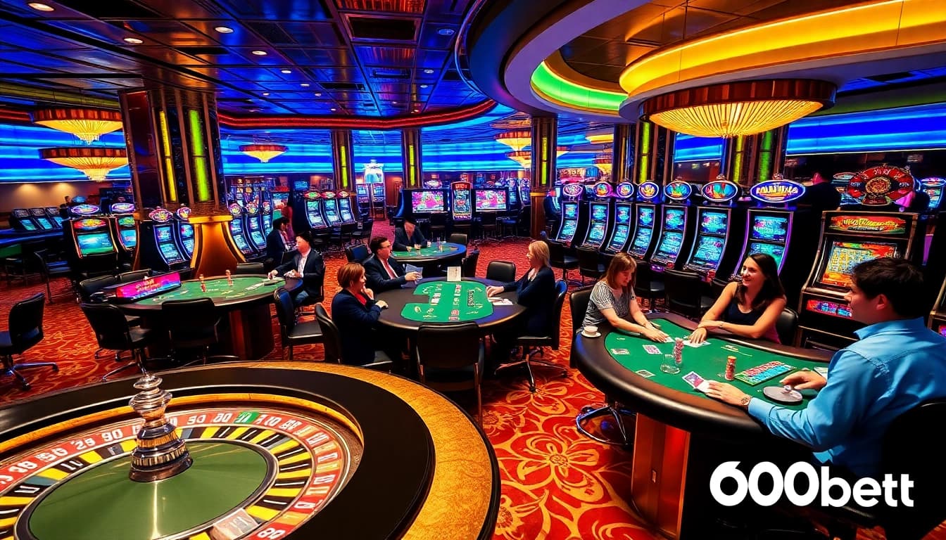 Ambiente de juego emocionante en 600bet con jugadores participando en mesas de casino y máquinas tragamonedas vibrantes.