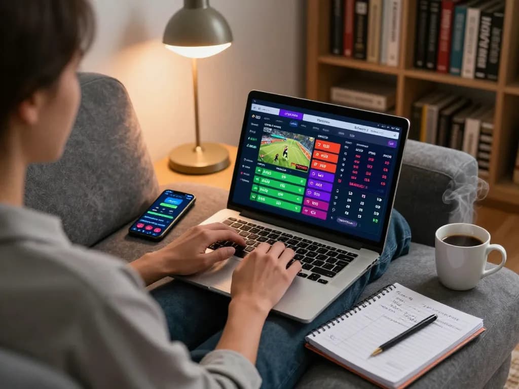 Tỷ lệ kèo nhà cái revealed while placing online bets on a laptop in a cozy home setting.