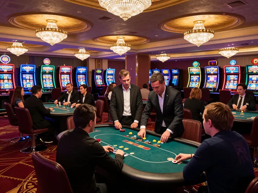Players betting at AF88's lively poker tables in an upscale casino ambiance