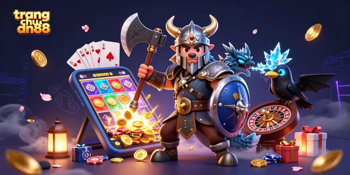 Engage with thrilling gaming action on trang chu dn88 featuring a Viking wolf, dragon, and casino elements.