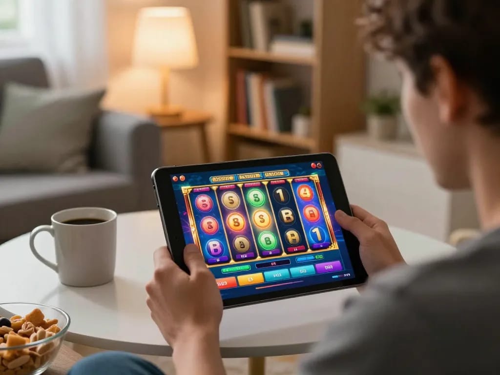Engaging in slot online gaming on a tablet in a cozy living room