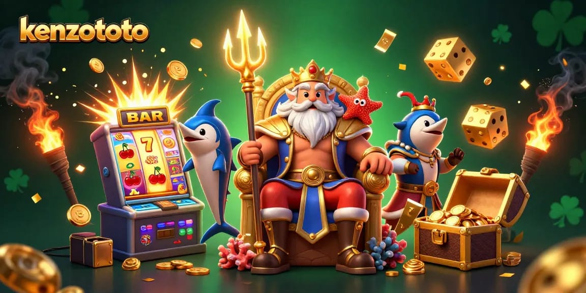Kenzototo delivers thrilling wins with a vibrant 3D casino illustration featuring dynamic symbols and characters.