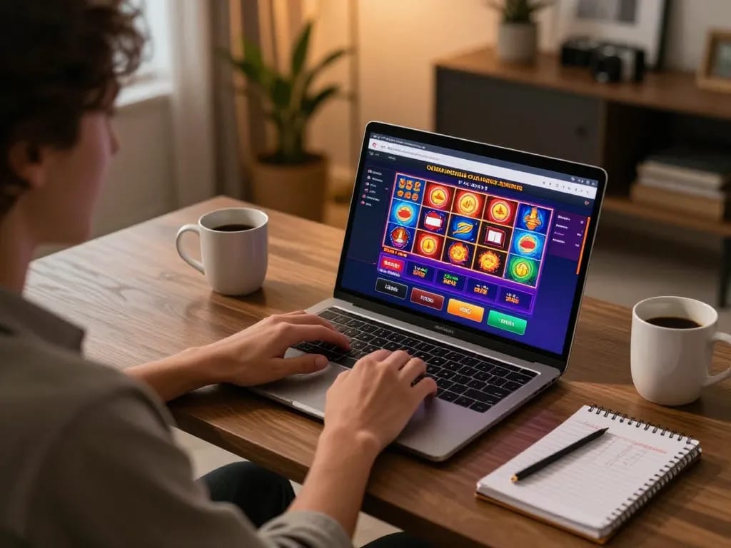 Engaging scene of a player exploring Canadian online casinos on a laptop surrounded by strategy notes.