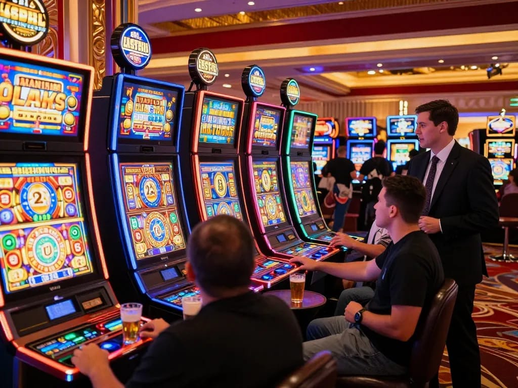 Exciting players enjoying the latest link slot machines in a vibrant casino.