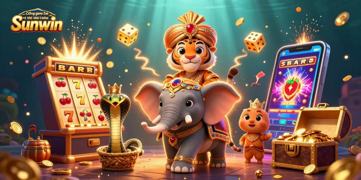 Cổng game bài đổi thưởng Sunwin brings excitement with a vibrant 3D casino scene full of action.