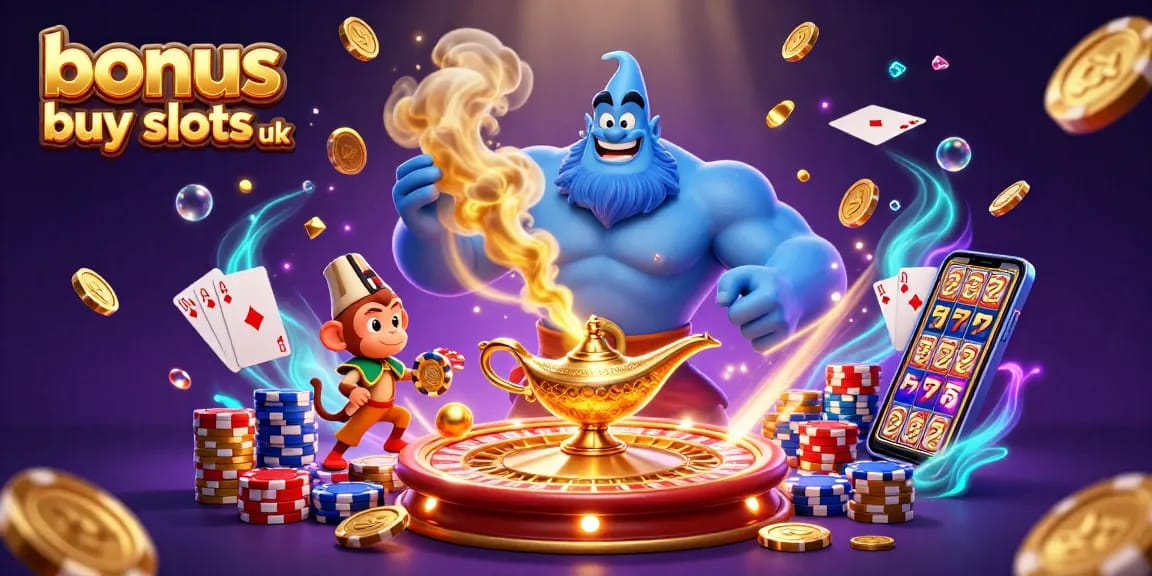 Experience bonus buy slots uk with a magical genie and poker excitement in this vibrant 3D casino scene.