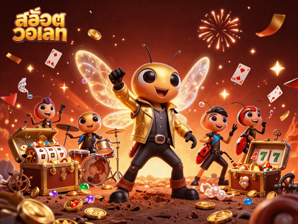 Catch the vibrant energy of สล็อตวอเลท in a colorful 3D gambling scene with characters and slot reels.