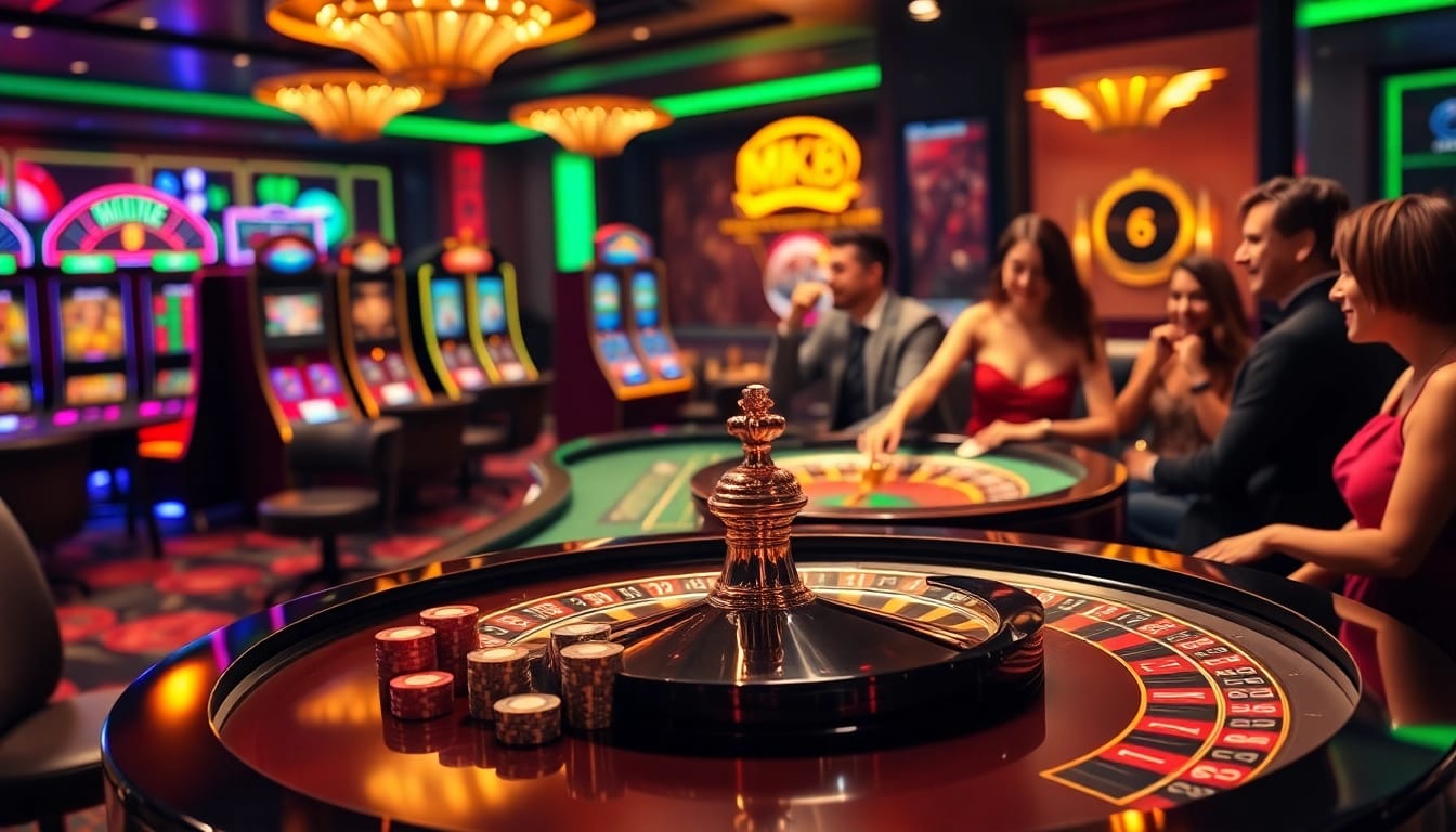 Experience MK8's exciting online casino action with vibrant poker chips and roulette gameplay.