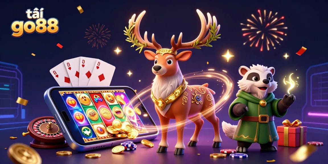 Engage with tải go88 through a vibrant scene of gaming action, featuring festive characters and casino elements.