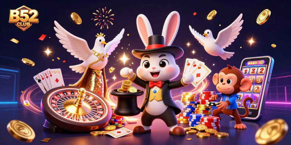 Play thrilling games at B52CLUB, where the magician rabbit brings luck with golden coins and roulette.