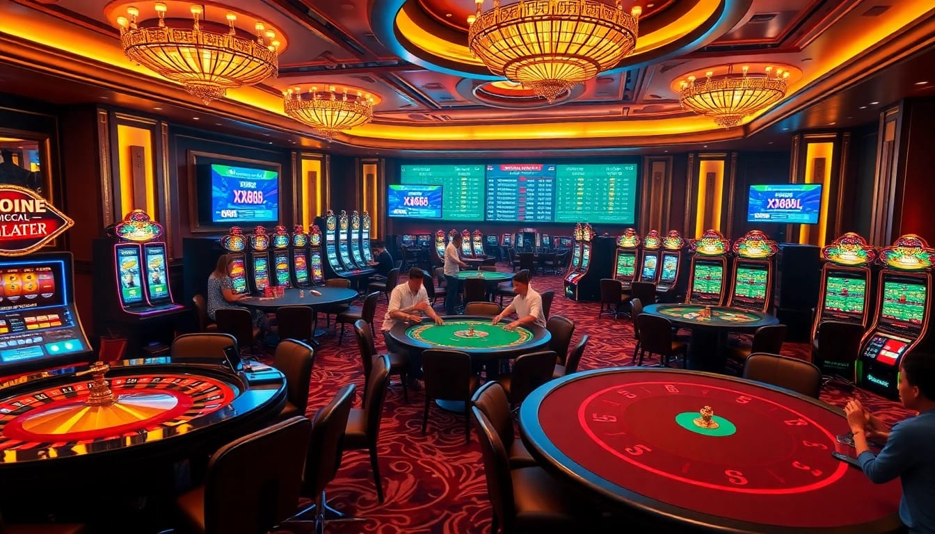 Players reveling in the excitement of casino gaming at XX88.AI with vibrant slot machines.