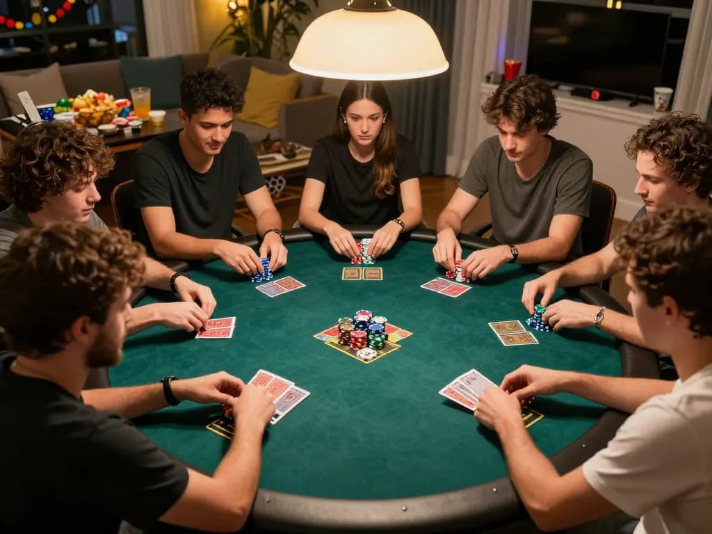 Pemain Kenzototo yang terlibat dalam permainan poker yang meriah dengan chip berwarna-warni di meja dan kartu komunitas yang terlihat.