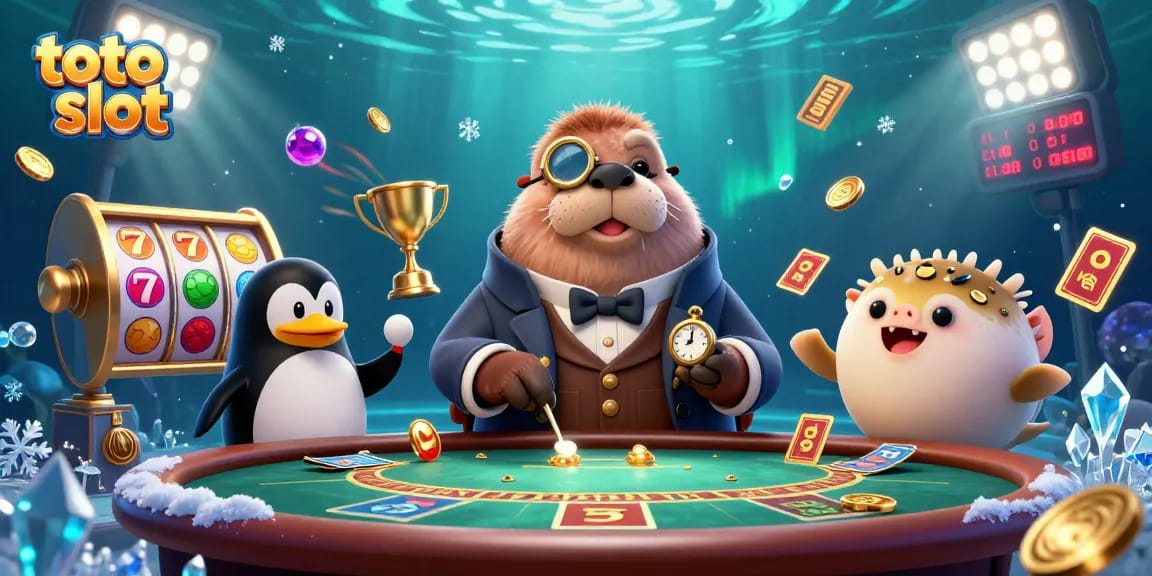Toto slot game scene with a jolly walrus and penguin dealer at a vibrant underwater casino.