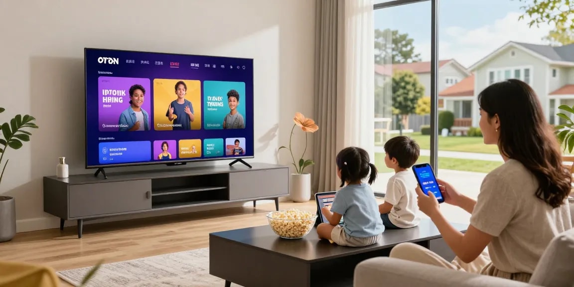 Enjoying IPTV American official guide with family in a modern living room.