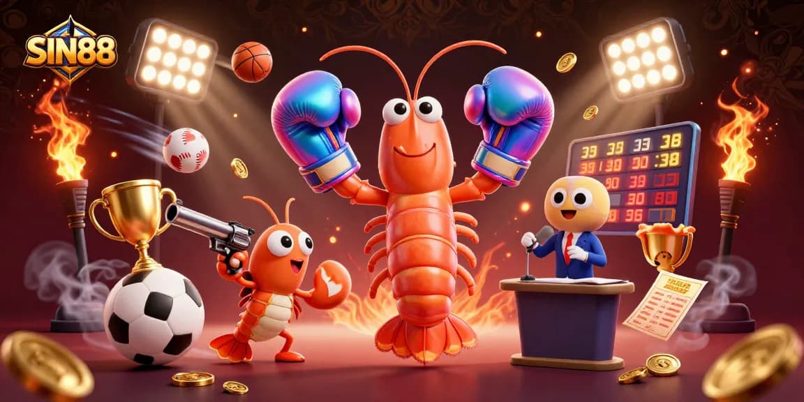 SIN88 showcases a dynamic casino scene with 3D cartoon characters, sports elements, and vibrant details.