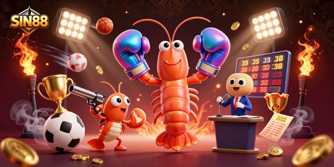 SIN88 showcases a dynamic casino scene with 3D cartoon characters, sports elements, and vibrant details.