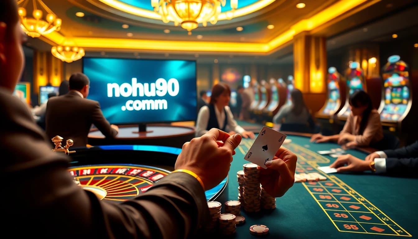 Engaging gamblers at nohu90 com as they play roulette and slot machines in a luxurious online casino setting.
