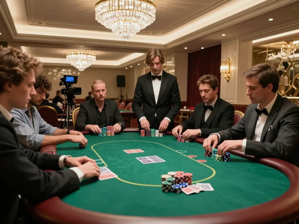 Go8 players strategizing during a high-stakes poker game in a luxurious VIP room.