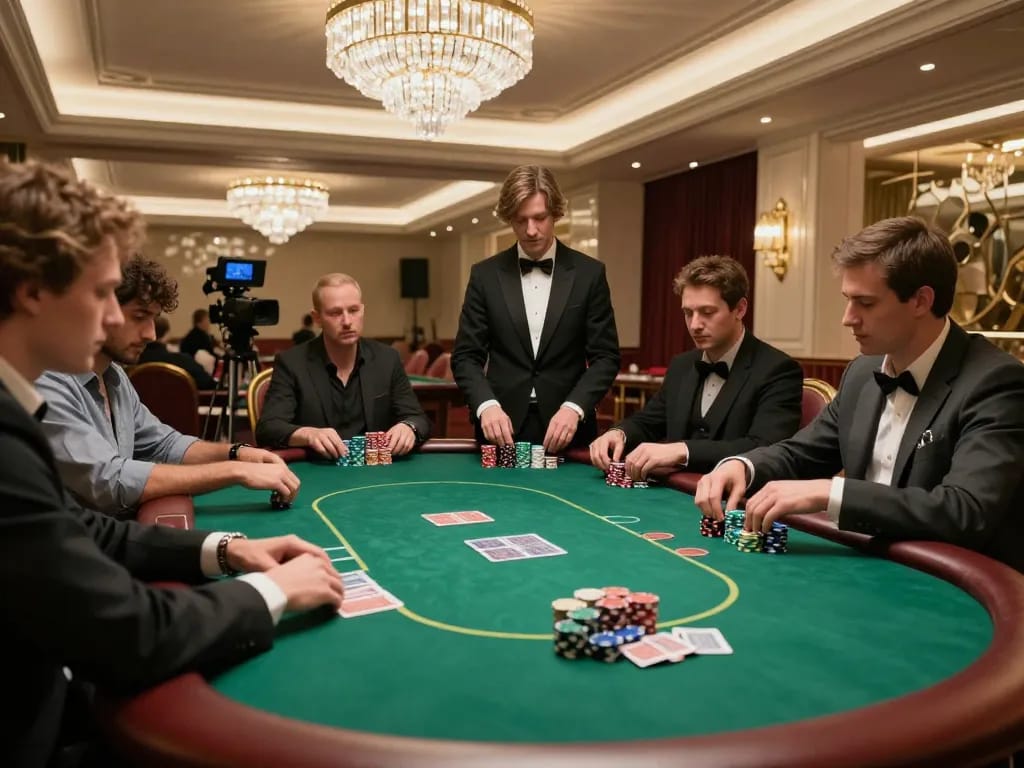 Go8 players strategizing during a high-stakes poker game in a luxurious VIP room.
