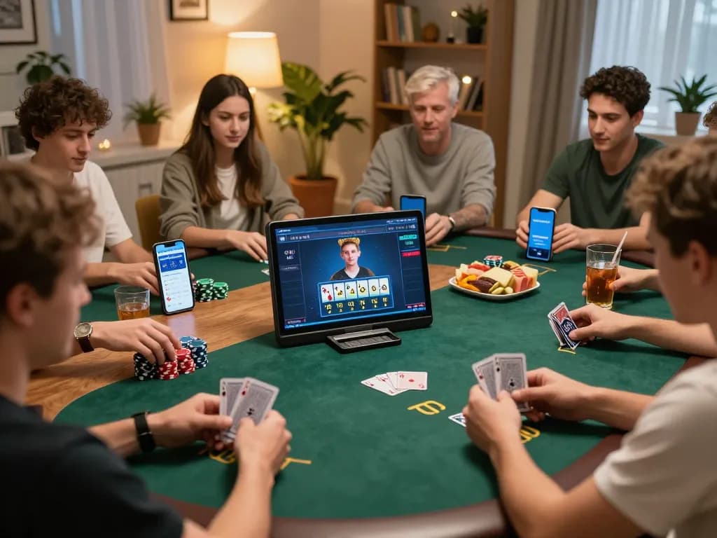 Players engaging in an online poker game at home, showing du88 strategic moves and betting actions.