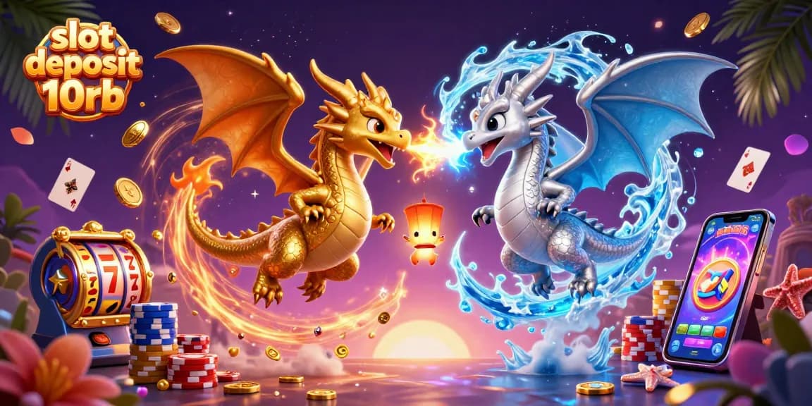 Experience thrilling gameplay with slot deposit 10rb in a vibrant 3D casino illustration featuring animated dragons.