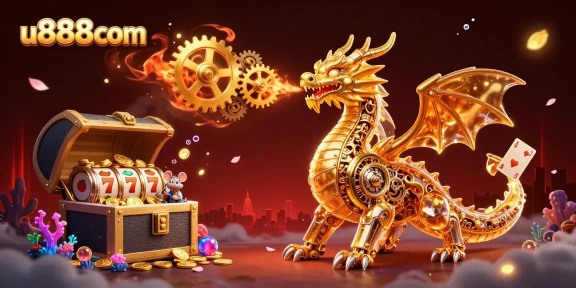 Experience exciting wins at u888com with a vibrant 3D illustration featuring a golden dragon and slot reels.