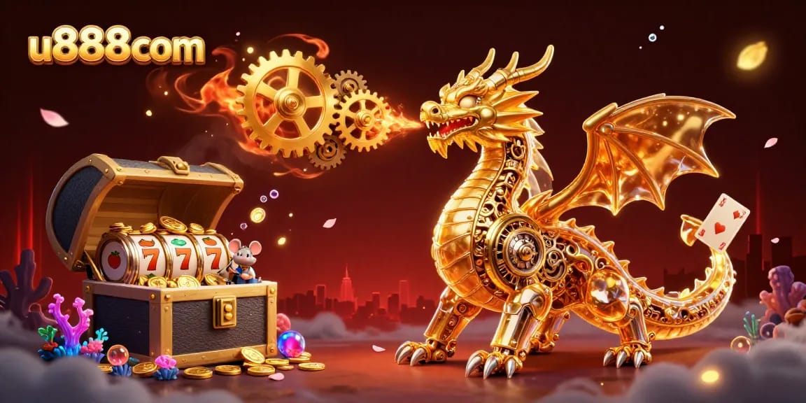 Experience exciting wins at u888com with a vibrant 3D illustration featuring a golden dragon and slot reels.