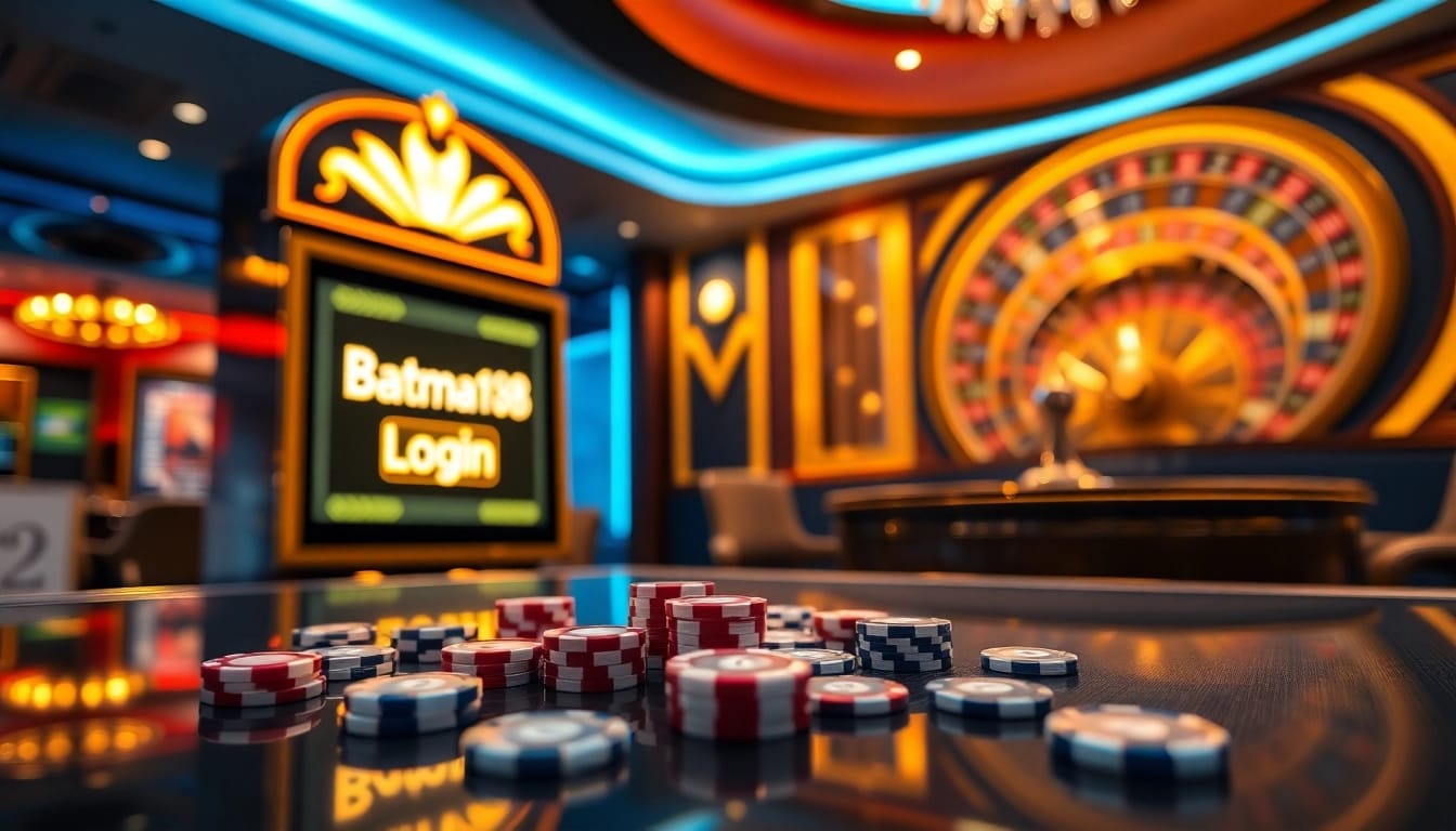 Experience thrill with Batman138 login at an elegant slot machine in a glamorous casino setting.