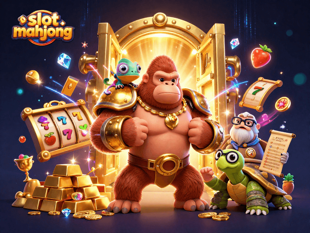 Experience slot mahjong excitement with a gorilla king and colorful characters amidst gold treasures.