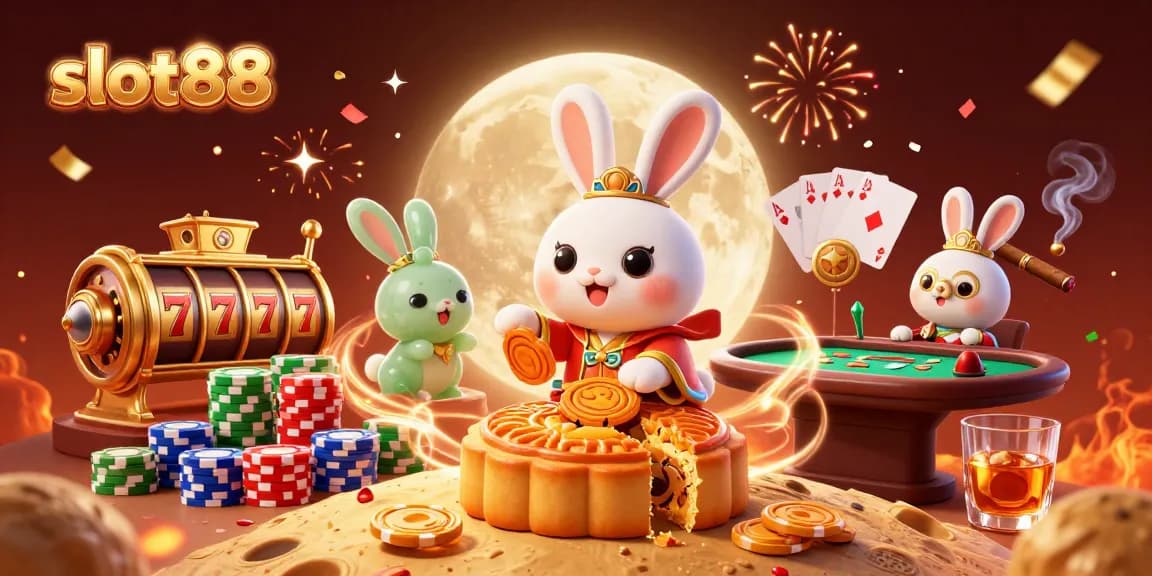 Experience the excitement of slot88 with a vibrant 3D scene featuring a moon rabbit and casino elements.