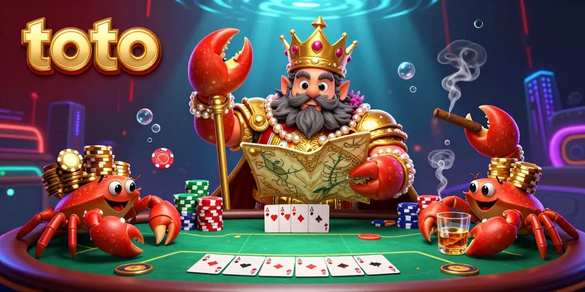 Play poker with a massive crab emperor in a colorful casino scene featuring gold chips and vibrant game elements, toto included.