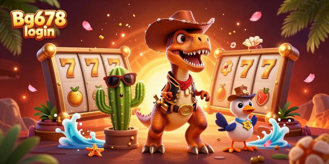Engage with Bg678 login as a cartoon T-Rex cowboy leads you into thrilling slot games.