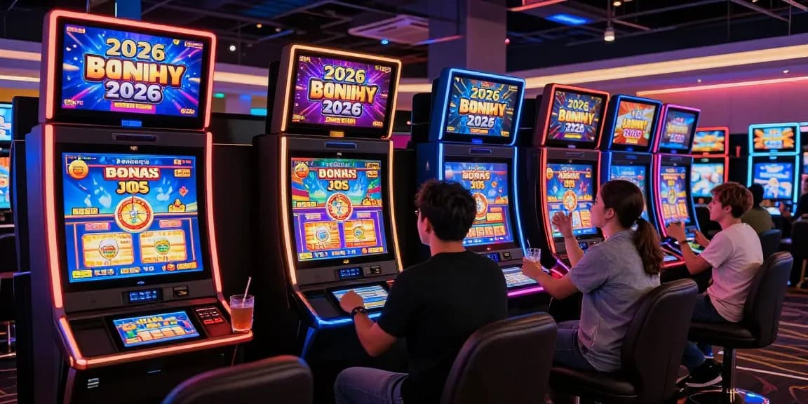 Players enjoying new online casinos on digital devices in a vibrant casino lounge.