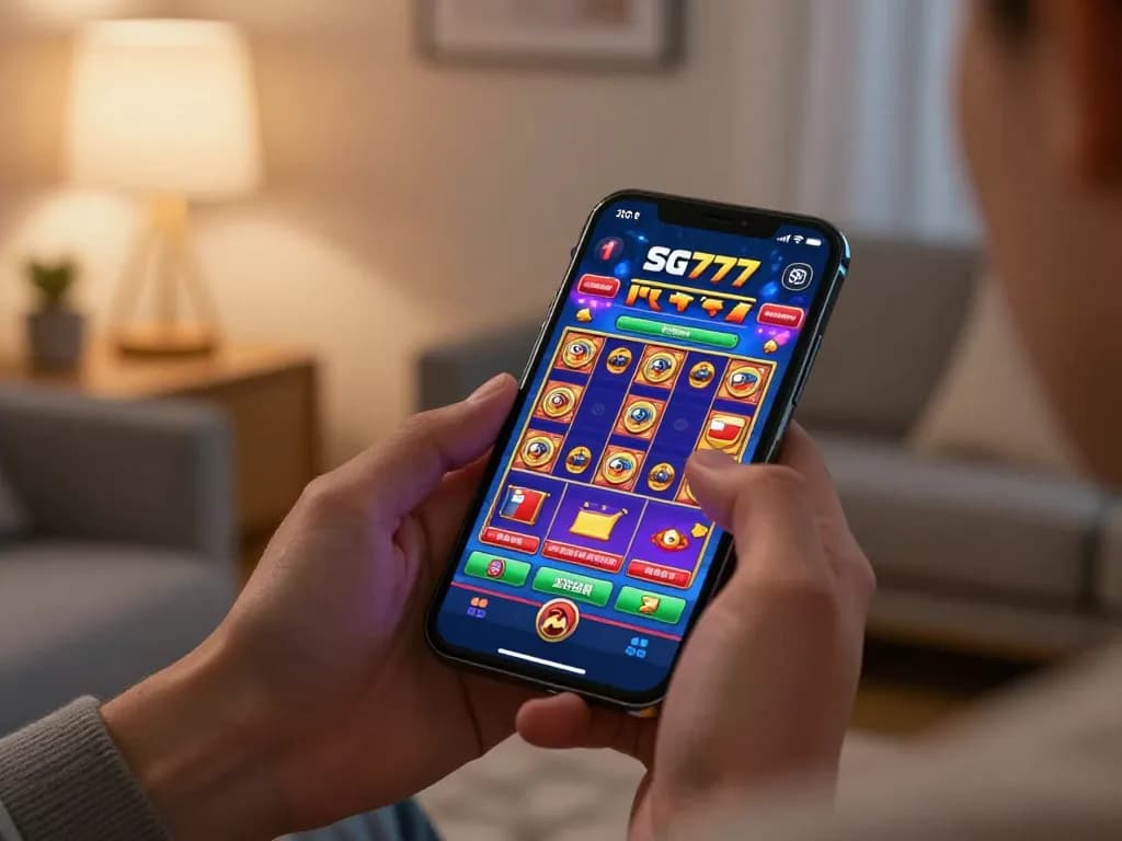 Player enjoying sg777 slot games on smartphone in cozy home setting.