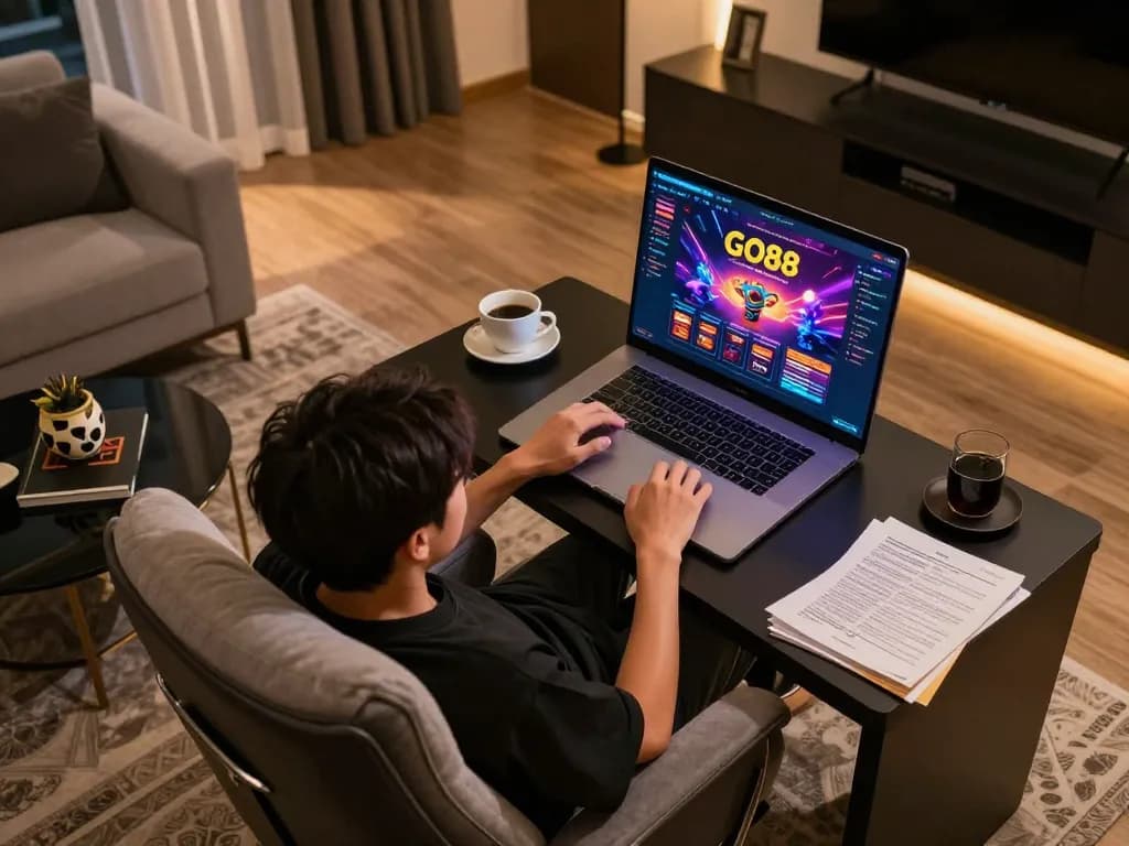 Engaged player using the GO88 app in a cozy home setup, showcasing online gaming