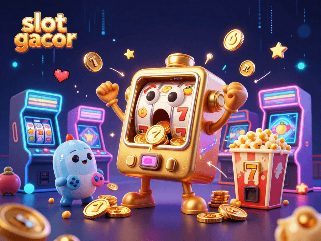 Join the excitement with slot gacor as the golden slot machine celebrates winning coins amidst a lively arcade scene.