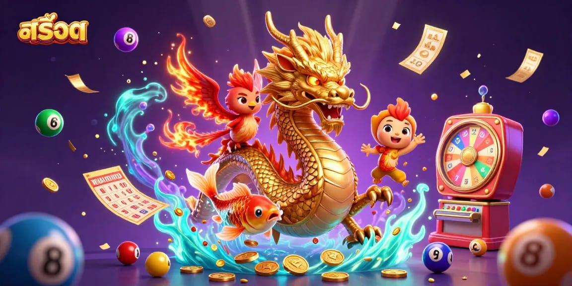 Experience thrilling สล็อต action with a golden dragon, phoenix, and koi fish amidst vibrant lottery elements.