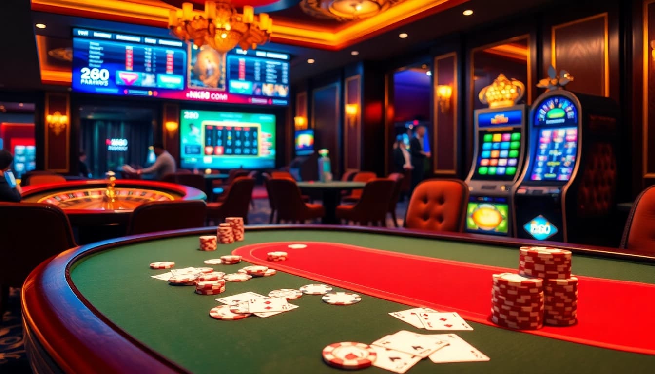 Players enjoying various games at nk88.com in a vibrant casino atmosphere, showcasing poker, roulette, and slots.