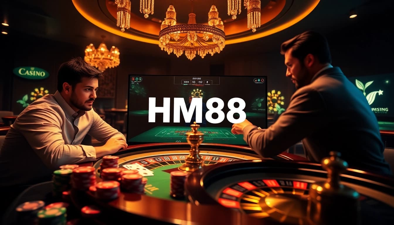 Experience thrilling online gaming at HM88 with vibrant casino elements like poker chips and roulette wheels.