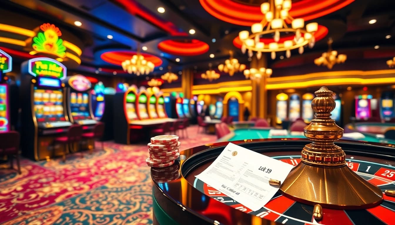 Experience the thrill of luck 8 at a vibrant casino with colorful slot machines and poker tables.