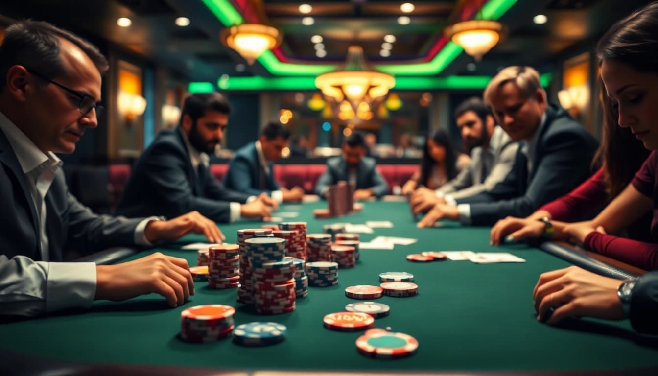 Engaged players in a lively poker game, showcasing excitement and strategy in a professional setting.