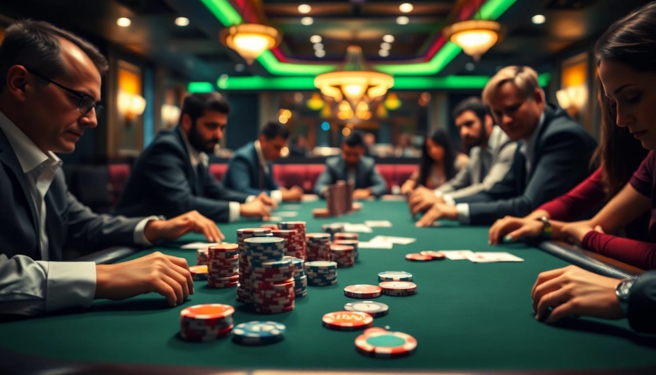 Engaged players in a lively poker game, showcasing excitement and strategy in a professional setting.