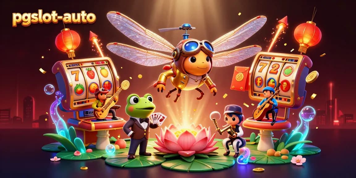 Experience pgslot-auto with a vibrant dragonfly pilot and party elements in a dynamic casino scene